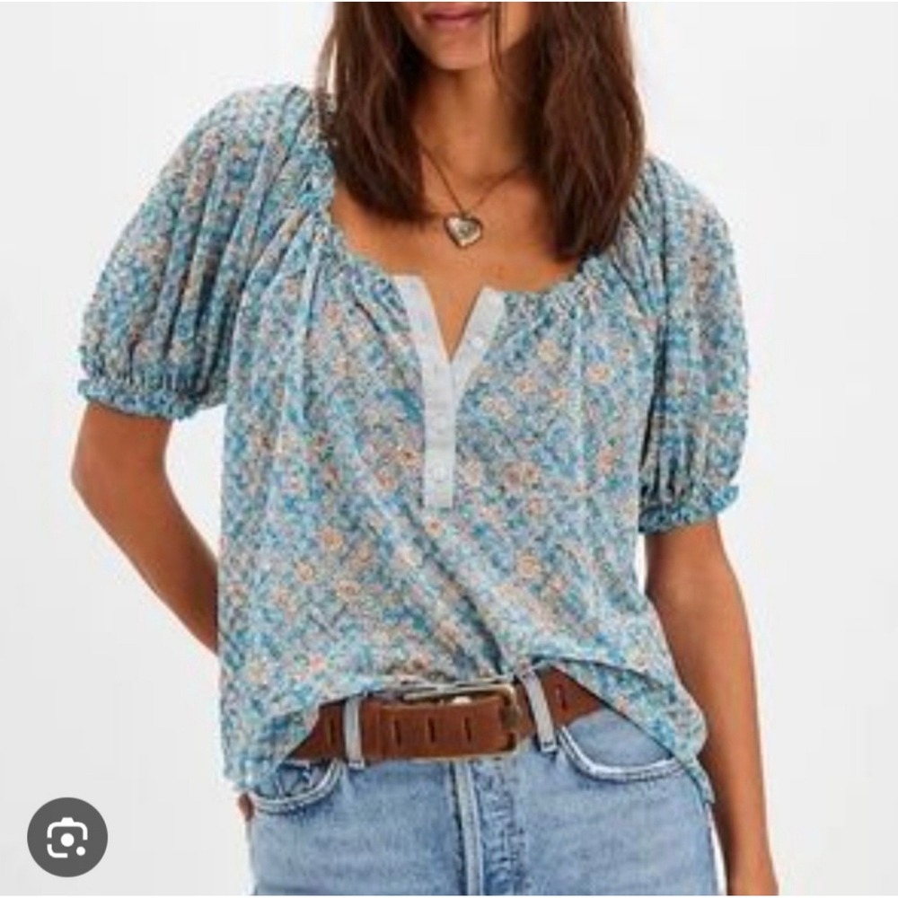 Free People Blue Floral Puff Sleeve Henley Top Square Neck Boho‎ Small